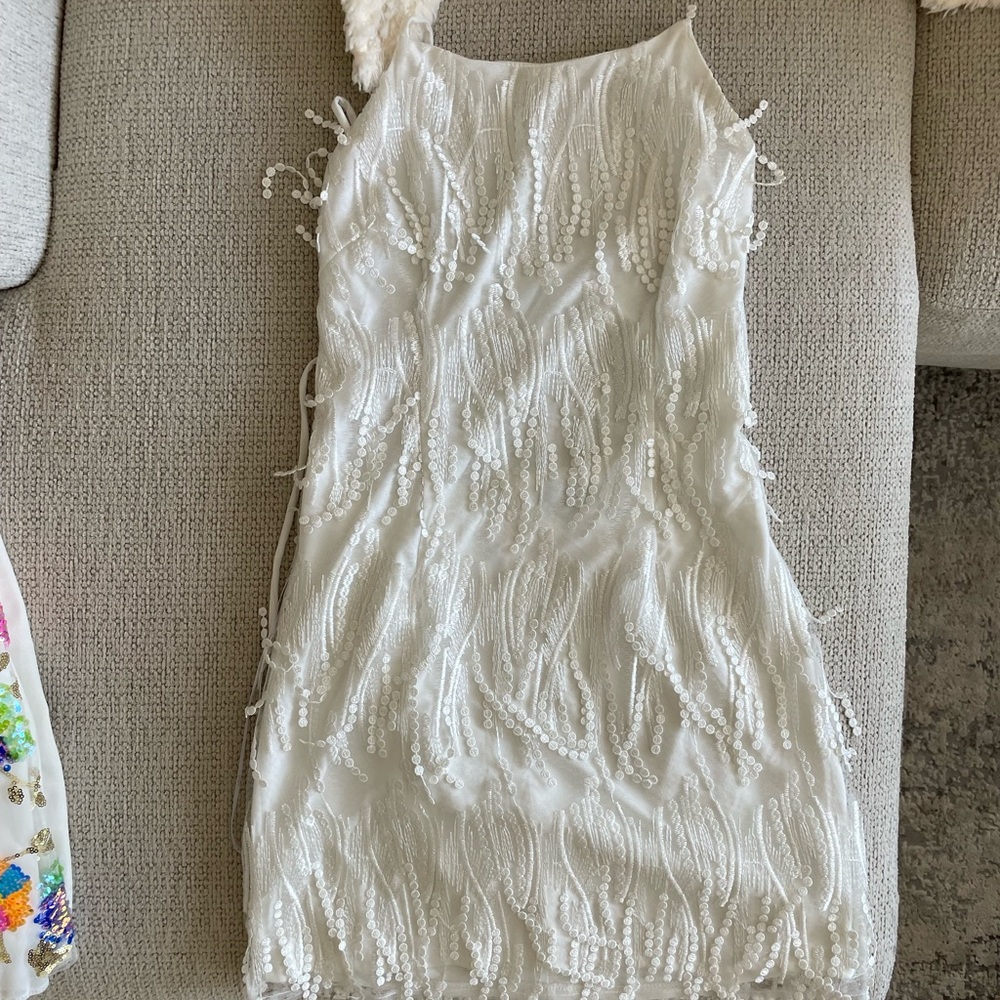 Lulu’s Making Magic white fringe lace-up dress